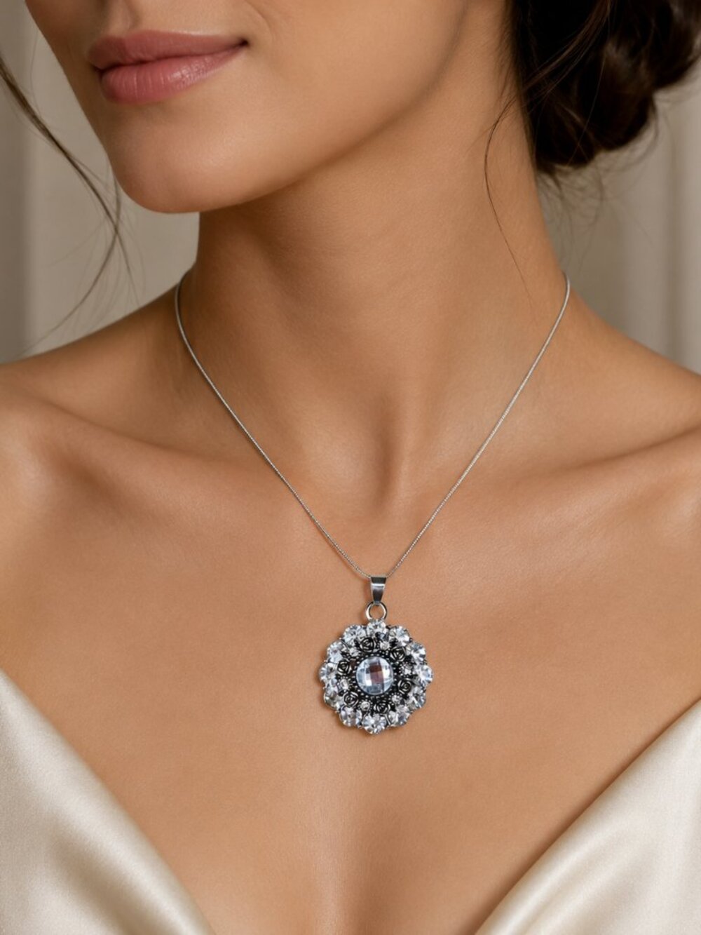 Silver Rhinestone Halo Snap Necklace Crystal Rose Snap Interchangeable